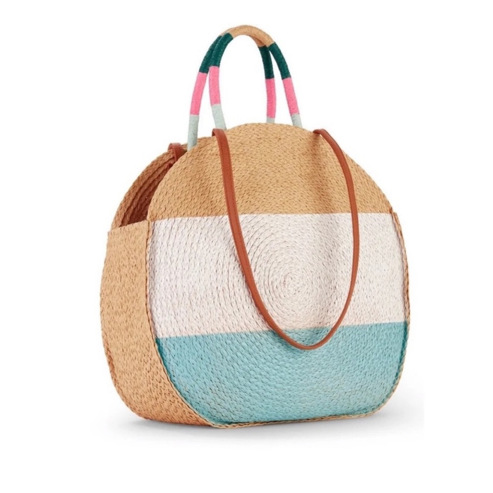 Time & Tru Circle Straw Handbag 15.5" - Beach Summer